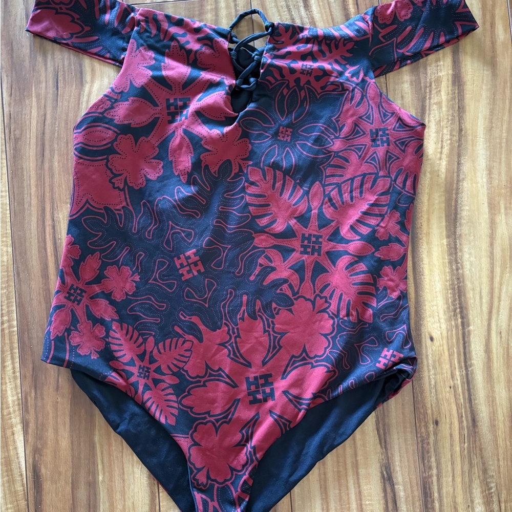 Hawaii’s Finest bathing suit Red and Black Floral Off-Shoulder Bodysuit